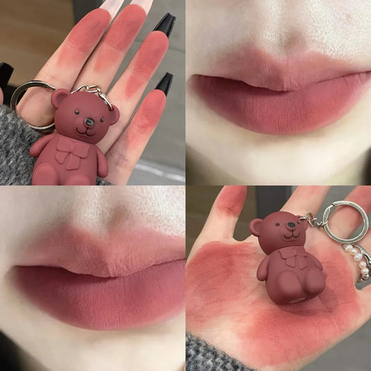 Cute Bear Lip Mud Matte Velvet Mousse Grey Pink Keychain Lipstick Waterproof Long Lasting Non-Stick Cup LipGloss Cosmetic Makeup
